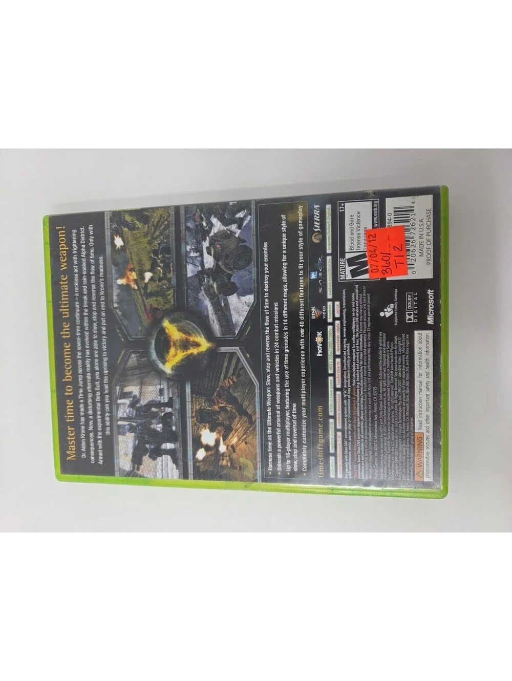 TimeShift Xbox 360 Game Disc and Original Case by Sierra Entertainment